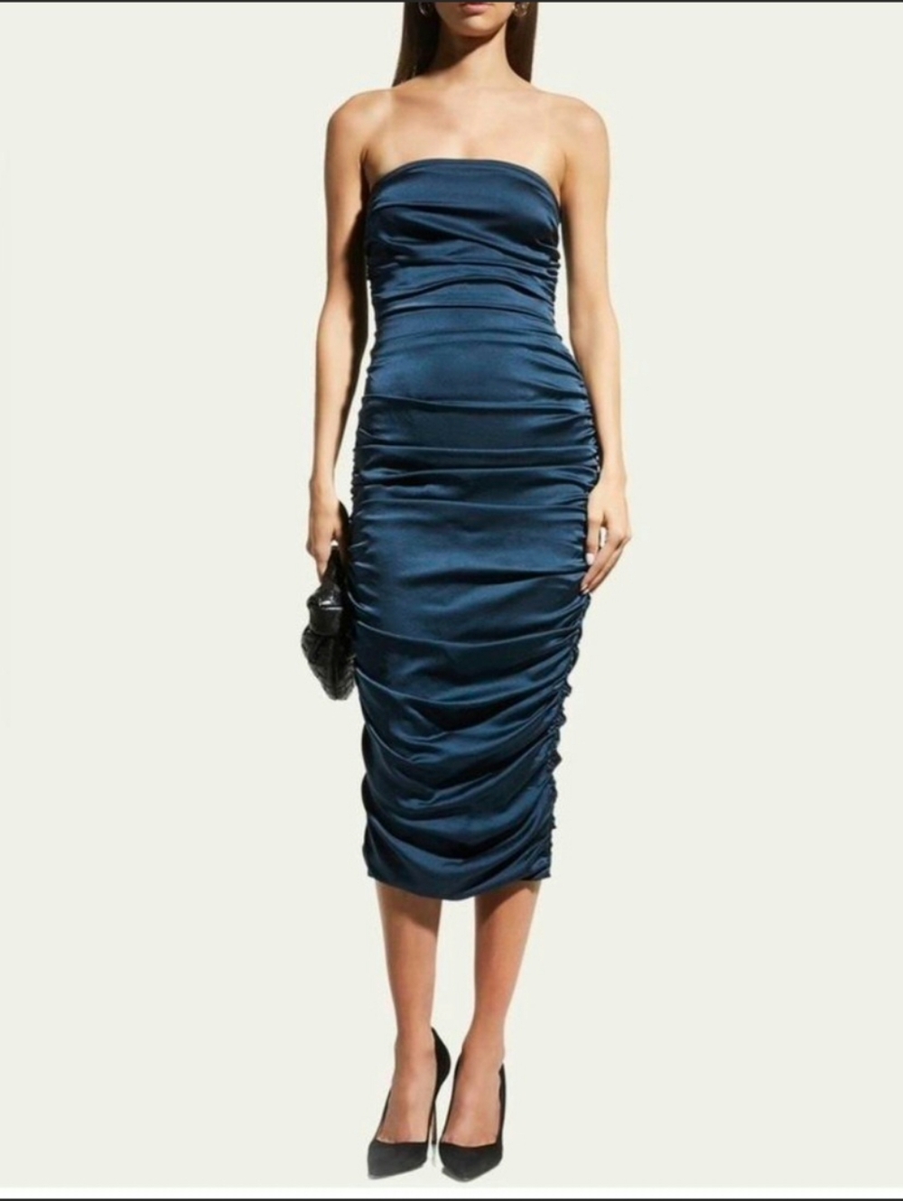 Veronica Beard Kupa Strapless Navy Silk Ruched Midi Dress